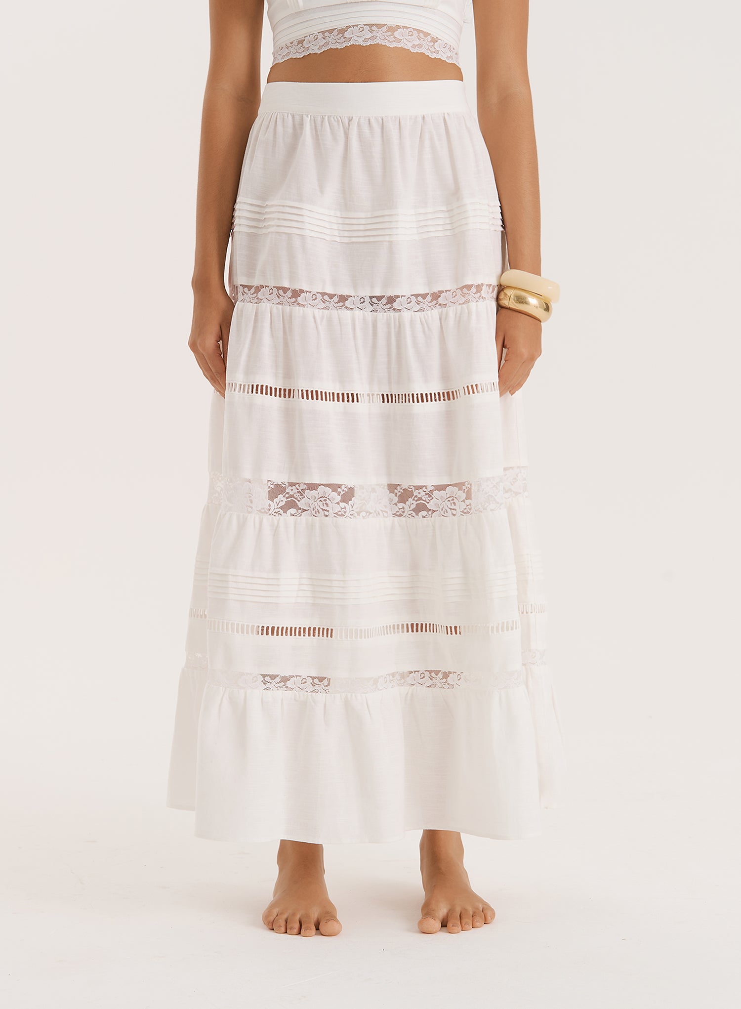 White Lace Insert Tiered Maxi Skirt